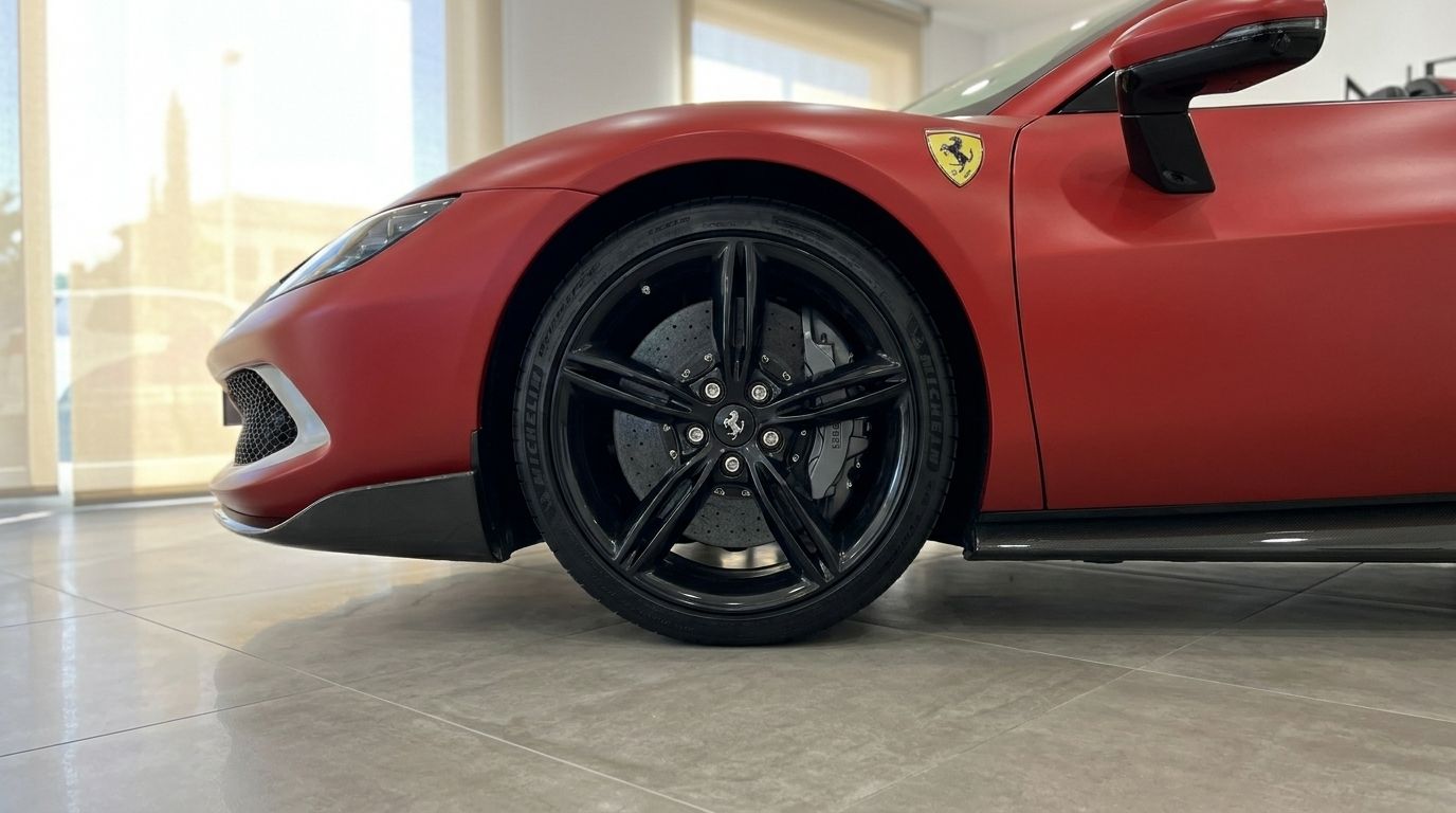 El Ferrari 296 GTS Assetto Fiorano rojo mate se muestra desde un ángulo bajo, destacando su rueda delantera, guardabarros y detalles de fibra de carbono en Mallorca.