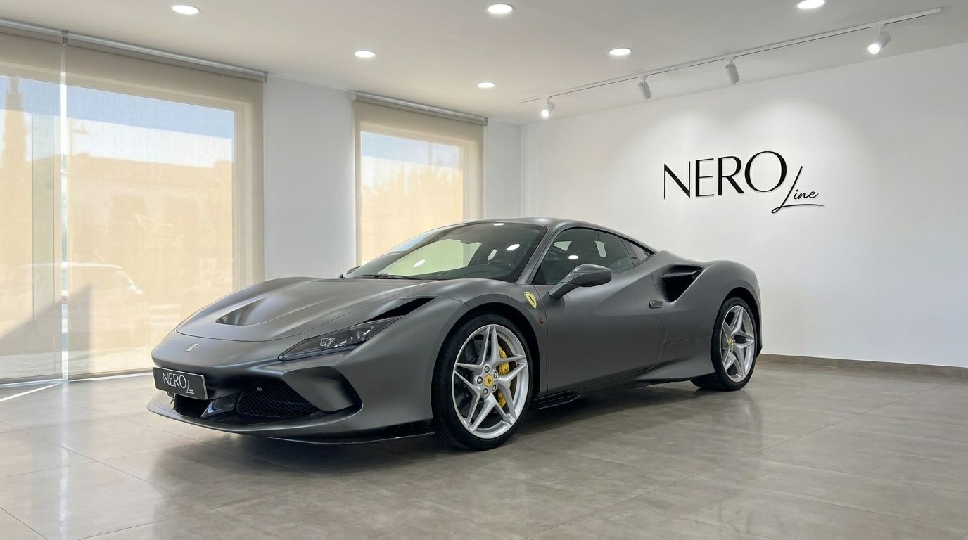 El Ferrari F8 Coupe gris mate se exhibe en un concesionario en Ibiza, mostrando su elegante vista frontal tres cuartos y pinzas de freno amarillas.
