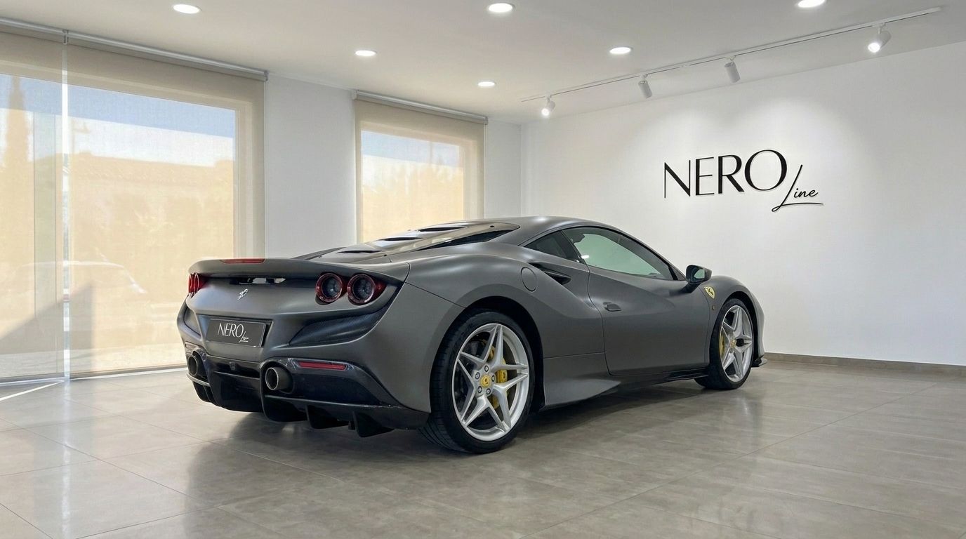 El Ferrari F8 Coupe gris mate está aparcado en un luminoso concesionario, mostrando su elegante vista trasera tres cuartos en Ibiza.