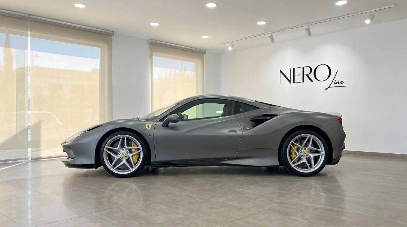 Un Ferrari F8 Coupe 2023 gris mate está estacionado en un concesionario en Ibiza, mostrando su elegante perfil lateral y pinzas de freno amarillas.