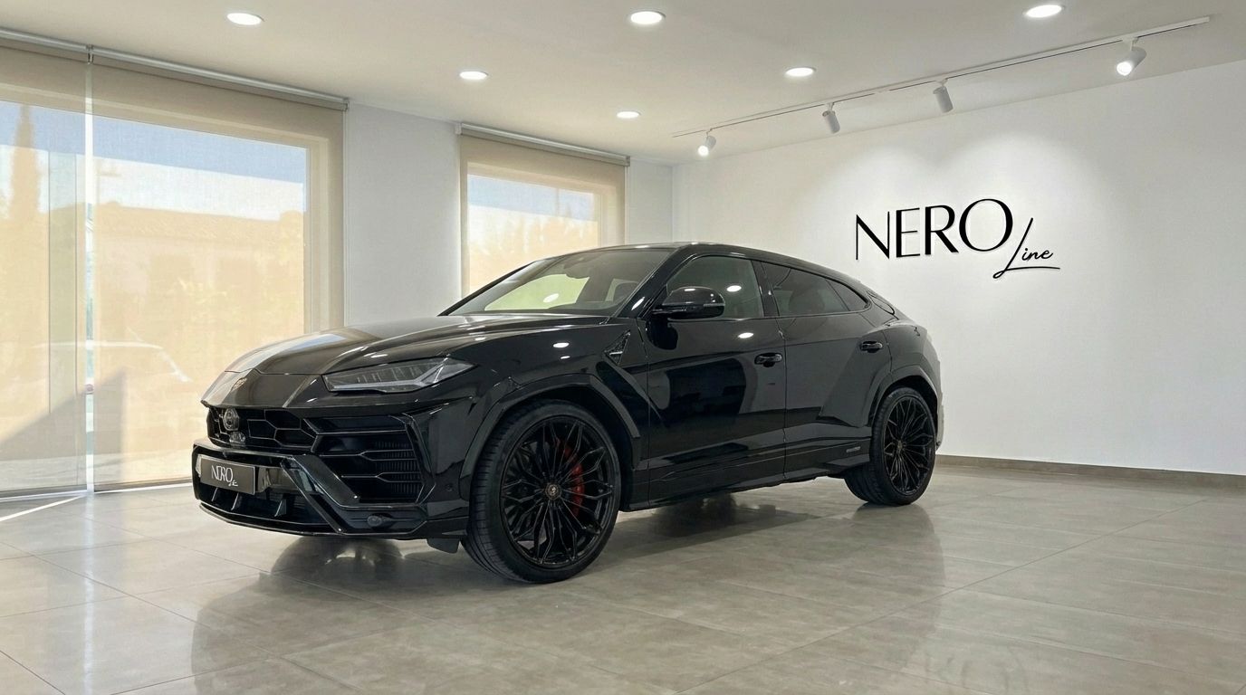 The sleek black Lamborghini Urus SE is prominently displayed in a modern showroom in Alicante, captured from a front three-quarter angle.