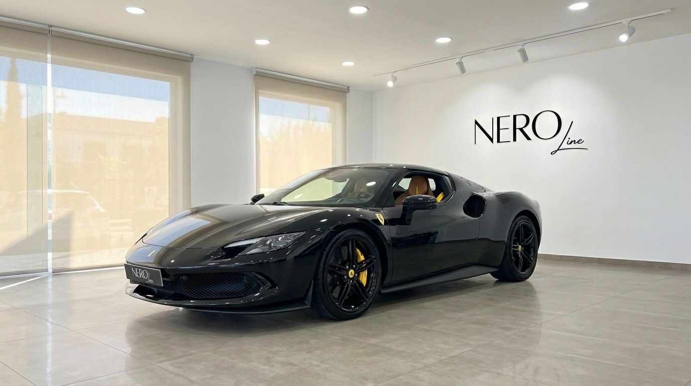 A sleek gloss black 2023 Ferrari 296 GTB is showcased from a front three-quarter view in a bright Ibiza showroom.
