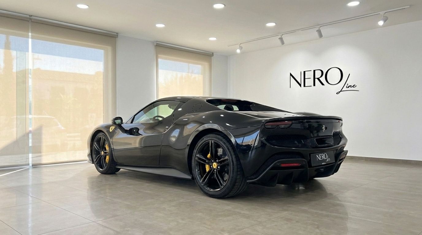 Der glanzschwarze Ferrari 296 GTB wird aus der hinteren Dreiviertelansicht in einem hellen Ausstellungsraum auf Ibiza präsentiert.