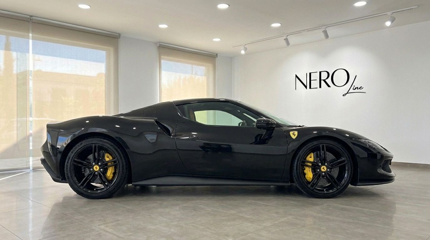 Der elegante glänzend schwarze Ferrari 296 GTB wird im Seitenprofil gezeigt, seine sportliche Form und gelben Bremssättel auf Ibiza hervorhebend.