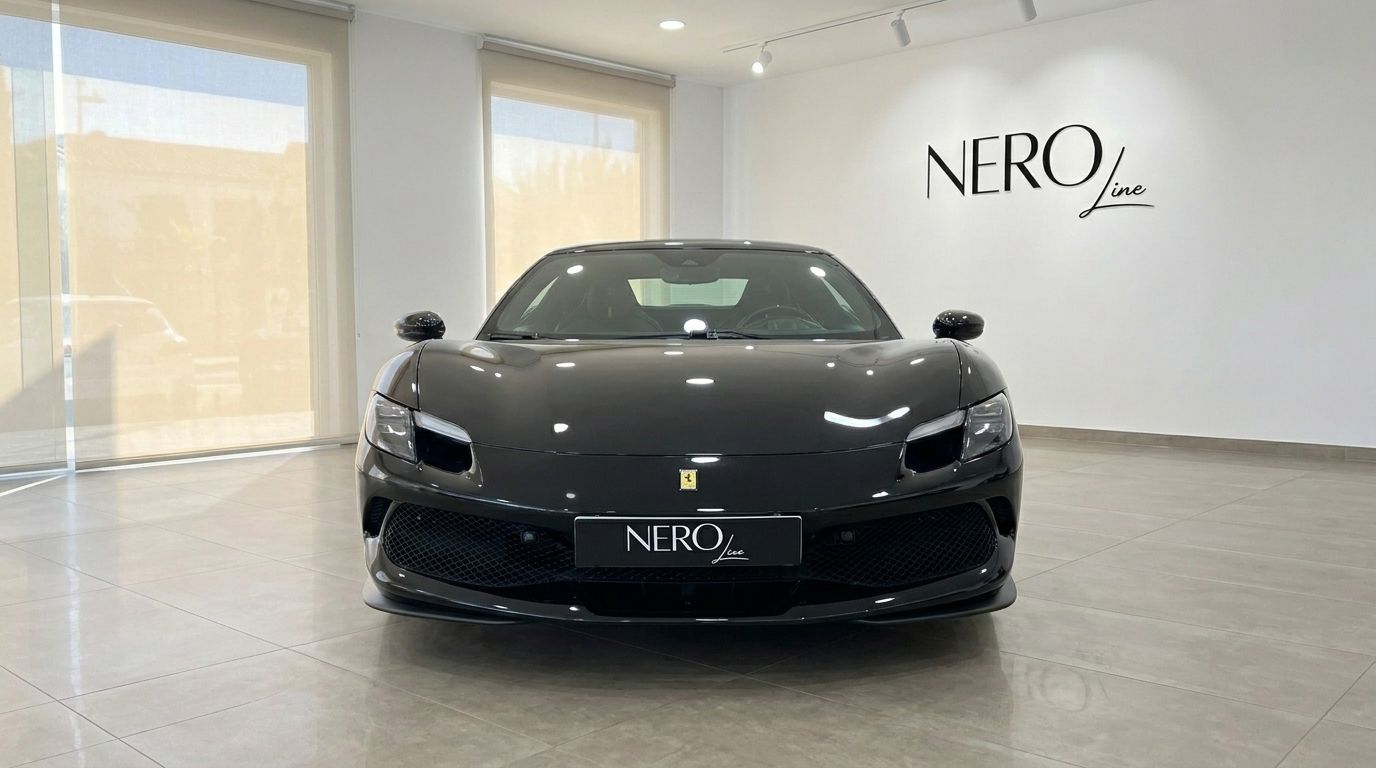 Der glänzend schwarze Ferrari 296 GTB wird prominent von vorne in einem modernen Showroom auf Ibiza präsentiert, mit dem Nero Line Logo an der Wand.