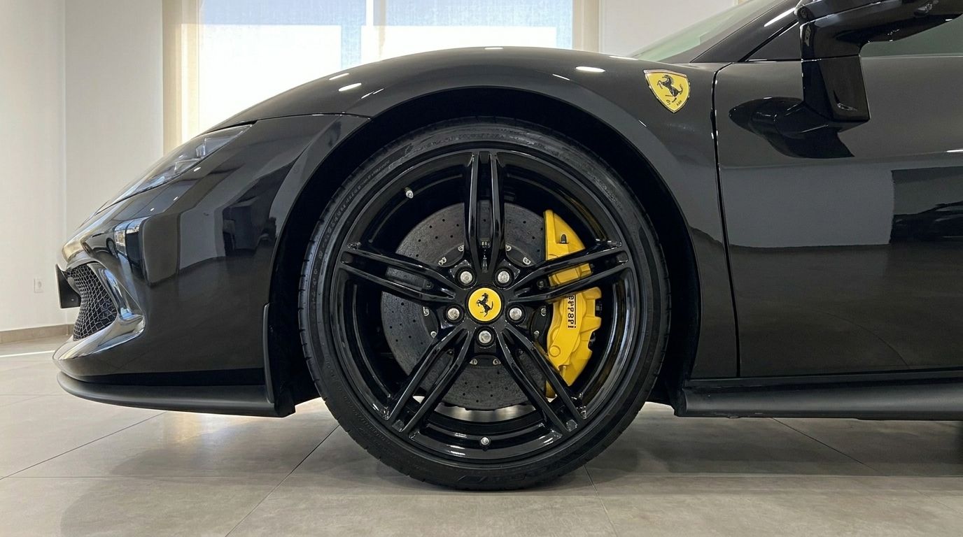 Der glänzend schwarze Ferrari 296 GTB präsentiert sein Vorderrad mit markanten schwarzen Felgen und leuchtend gelben Bremssätteln auf Ibiza.