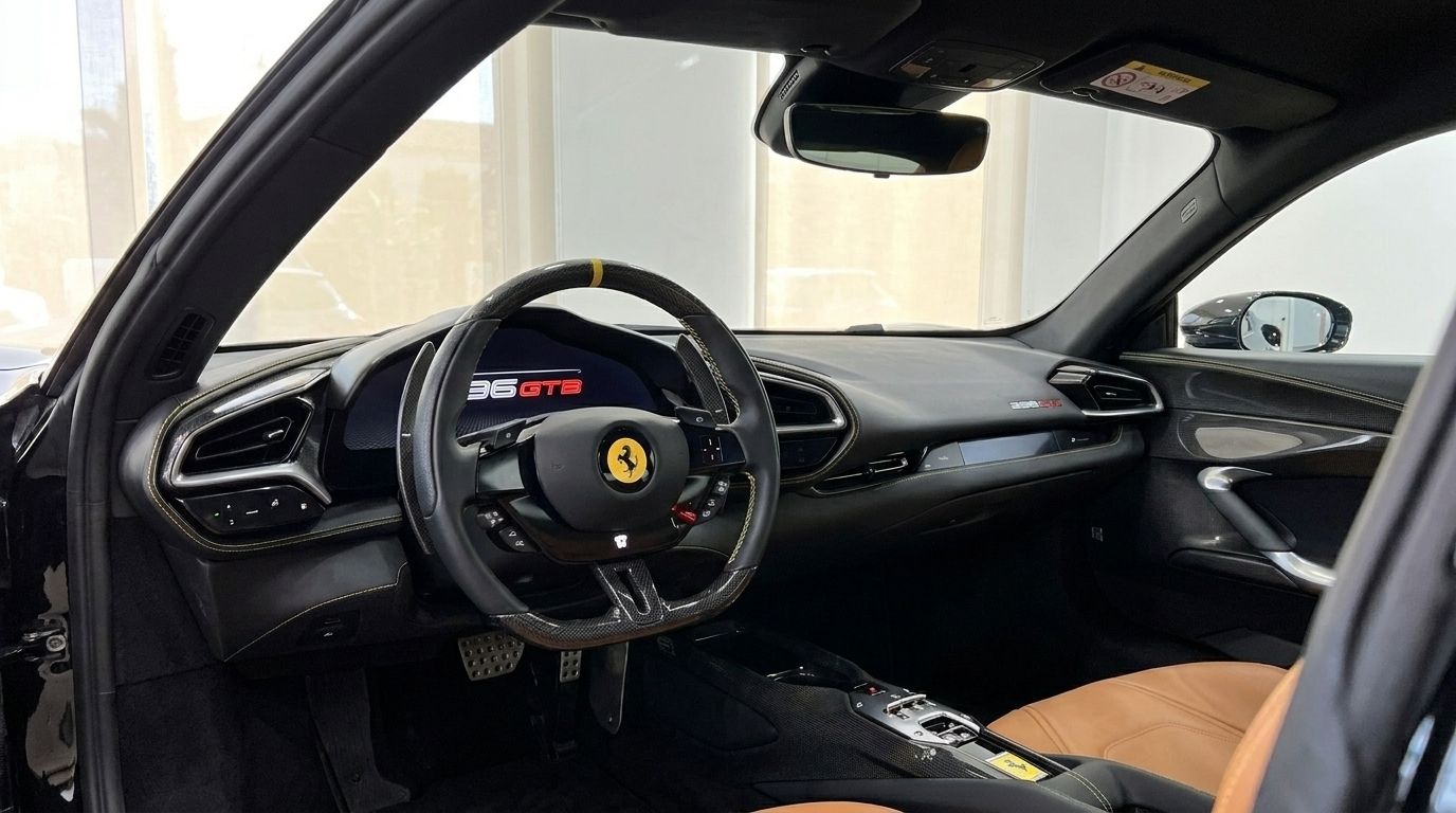 Das luxuriöse Interieur des Ferrari 296 GTB auf Ibiza, mit dem Carbon-Lenkrad, dem digitalen Armaturenbrett und dem Fahrersitz aus hellbraunem Leder.