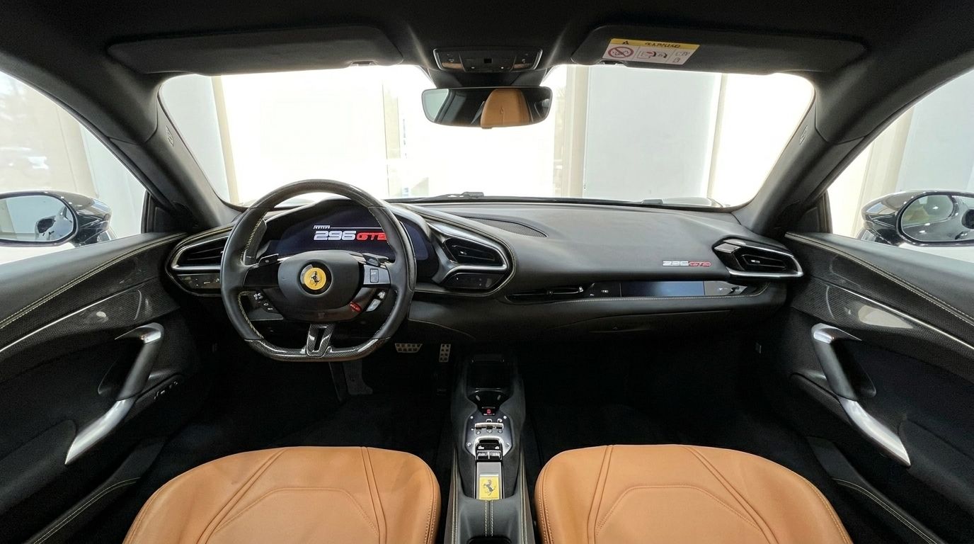 Das luxuriöse Interieur des Ferrari 296 GTB auf Ibiza, mit Lenkrad, Armaturenbrett und braunen Ledersitzen.