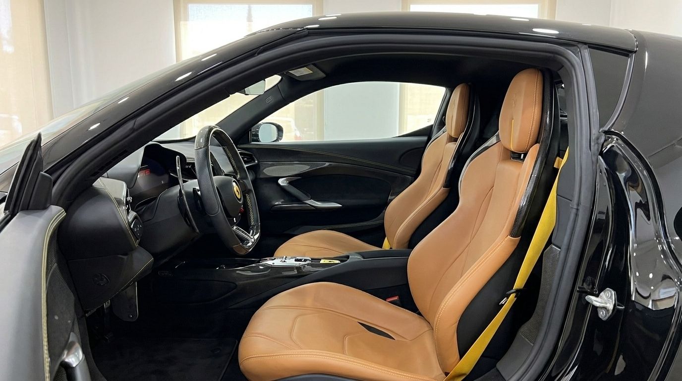 Das luxuriöse Interieur des Ferrari 296 GTB auf Ibiza, mit braunen Ledersitzen, gelben Gurten und einem Blick auf das Armaturenbrett.