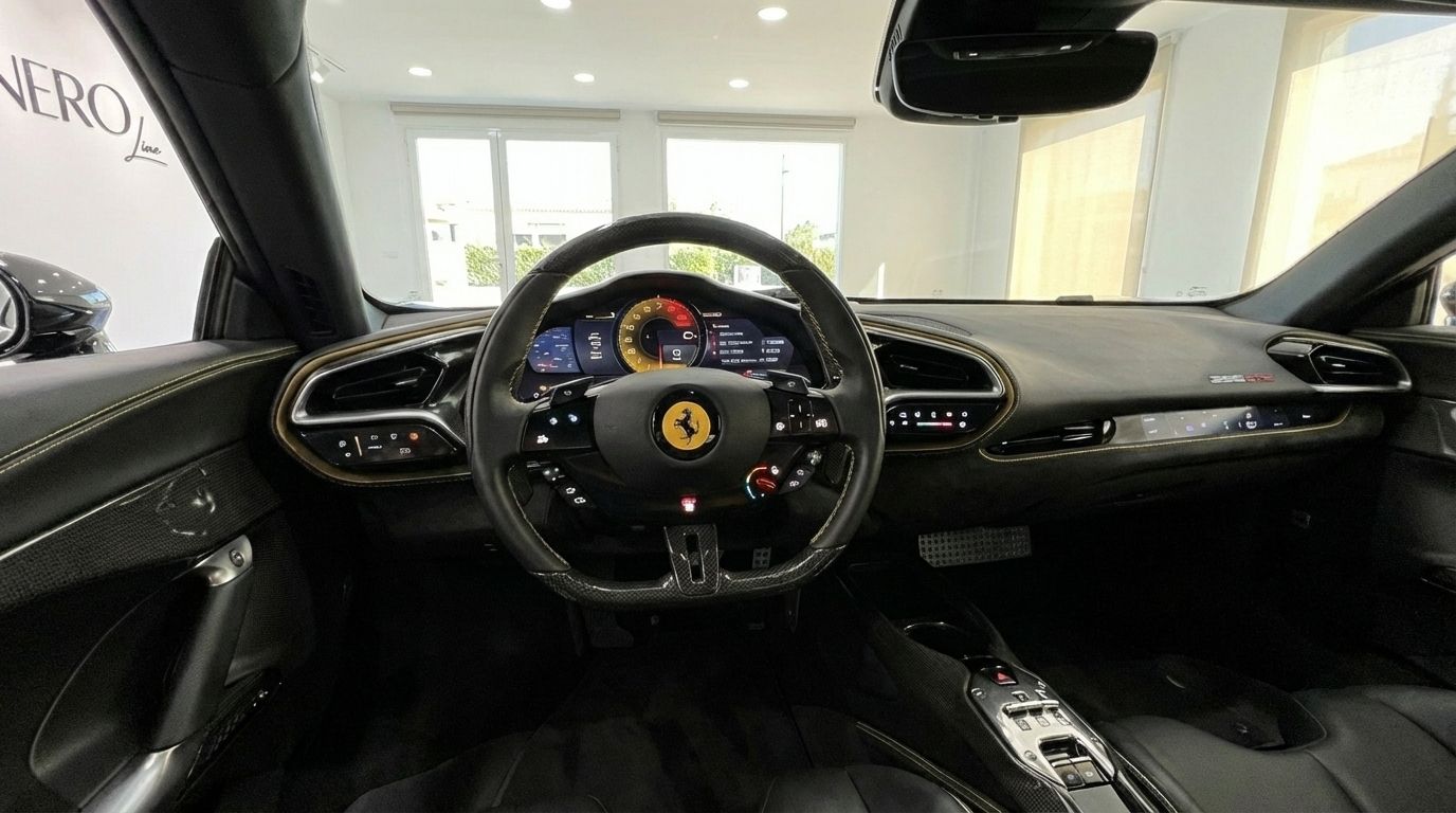 El lujoso interior negro y plateado del Ferrari 296 GTB 2024, mostrando su avanzado habitáculo y salpicadero en Madrid.