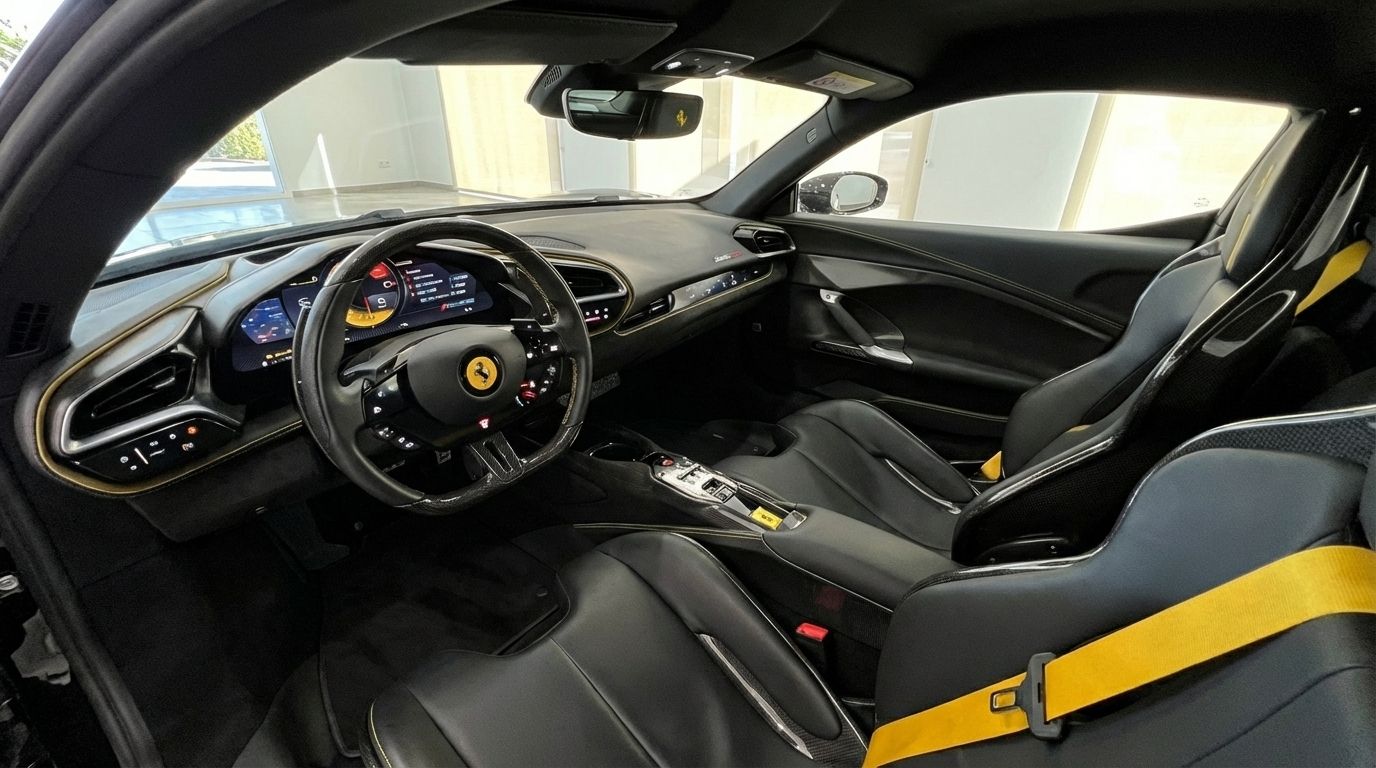 El lujoso interior negro del Ferrari 296 GTB 2024 en Madrid, con un habitáculo detallado, salpicadero y asientos deportivos con detalles amarillos.