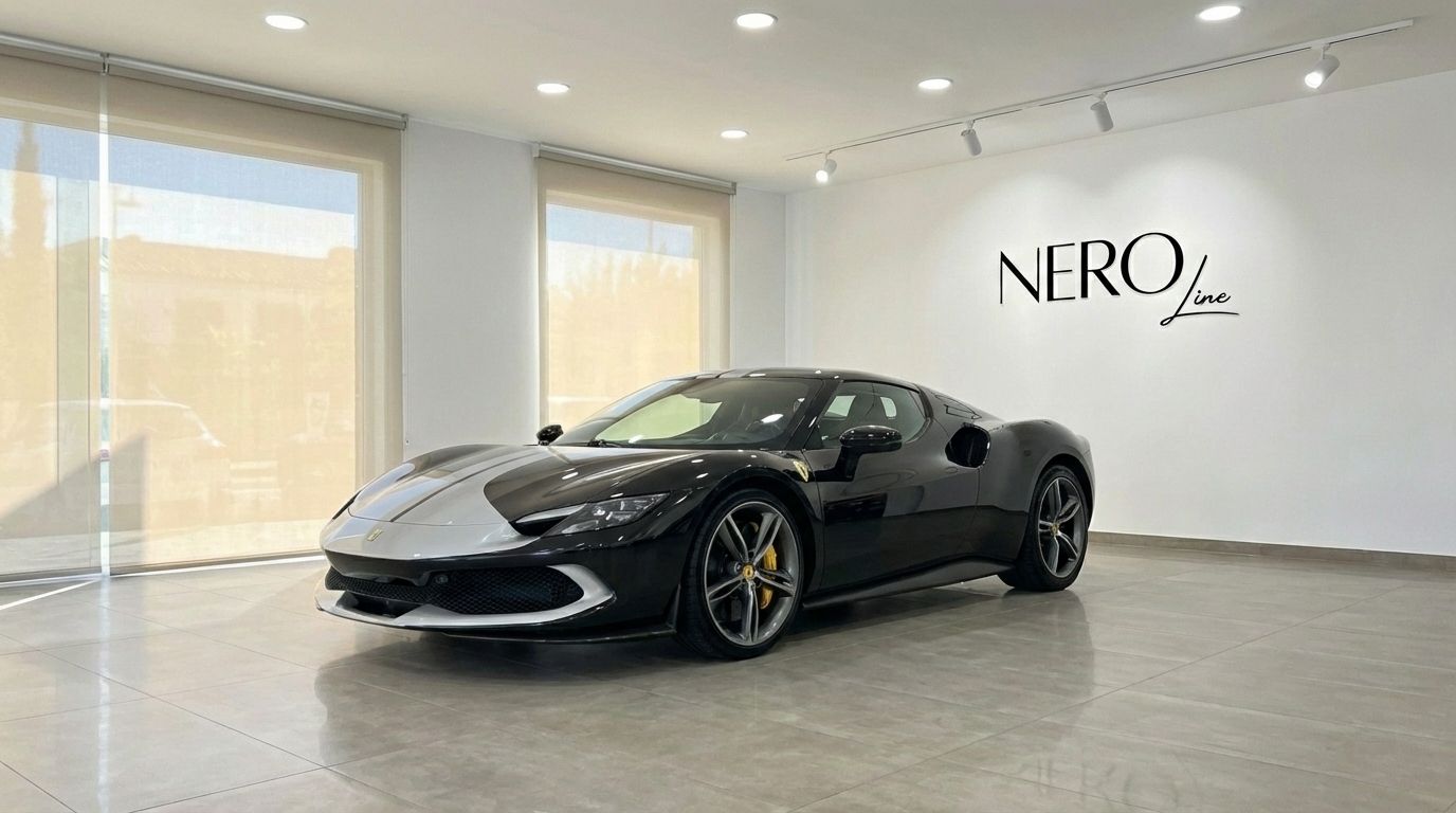 Un Ferrari 296 GTB negro y plateado de 2024 se exhibe en un moderno salón de exposición en Madrid, visto desde un ángulo frontal tres cuartos.