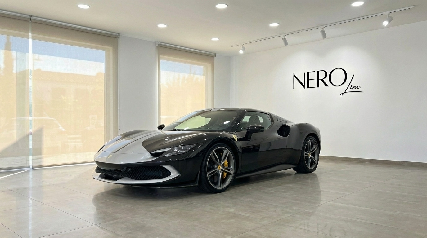 Ferrari 296 GTB — Vista frontal tres cuartos, Madrid Un Ferrari 296 GTB negro y plateado de 2024 se exhibe en un moderno salón de exposición en Madrid, visto desde un ángulo frontal tres cuartos.