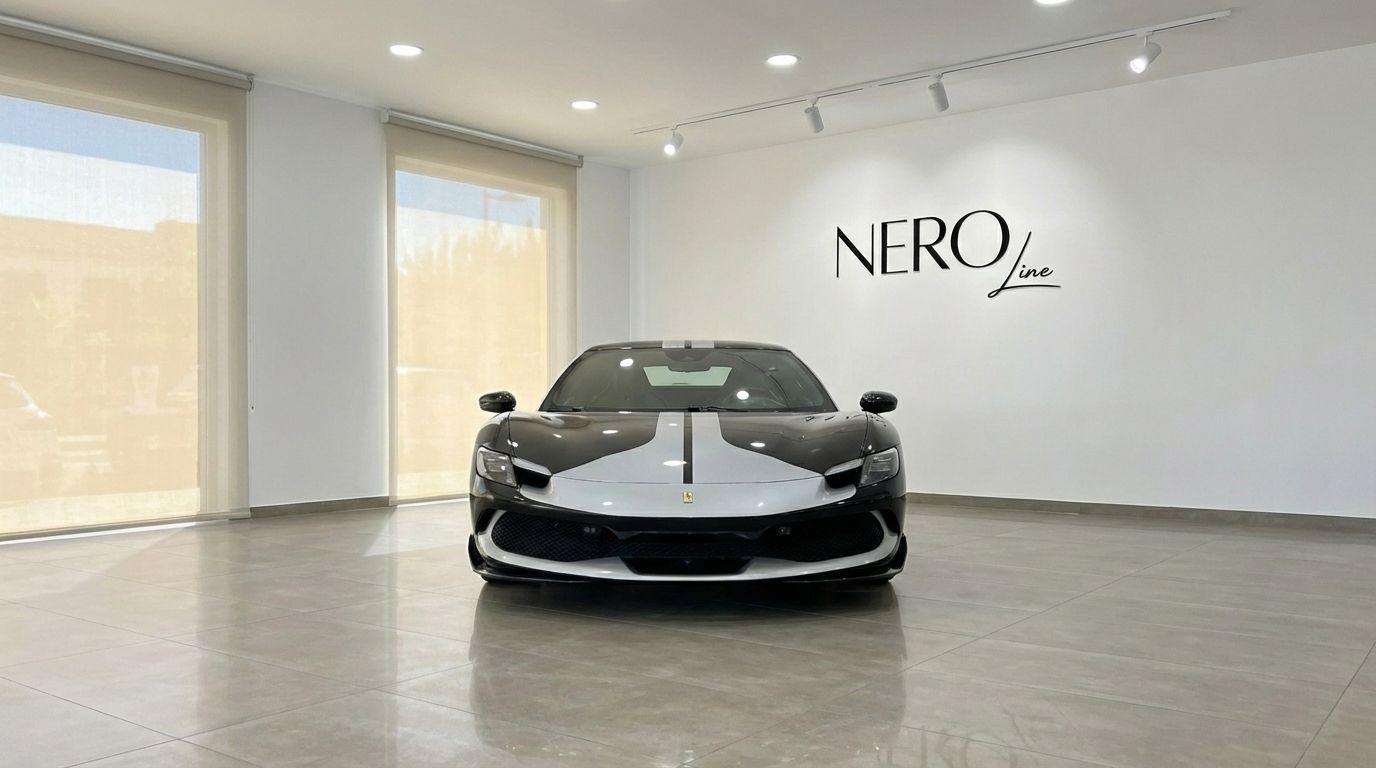 El Ferrari 296 GTB negro y plateado de 2024 se exhibe de frente en un concesionario en Madrid.
