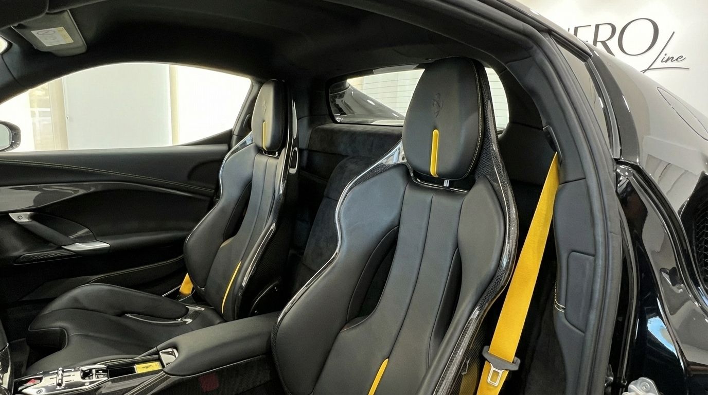 Los lujosos asientos de carreras de cuero negro con detalles amarillos y cinturones amarillos a juego dentro del Ferrari 296 GTB en Madrid.