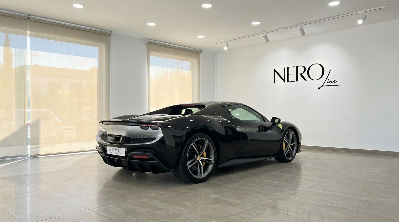 El Ferrari 296 GTB negro y plateado se muestra desde un ángulo trasero tres cuartos en una sala de exposición en Madrid.