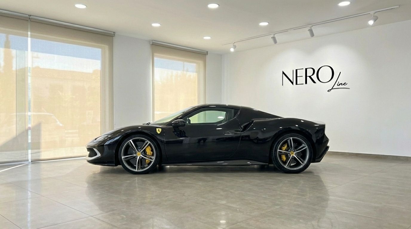 El Ferrari 296 GTB negro se exhibe de perfil en un luminoso concesionario en Madrid.