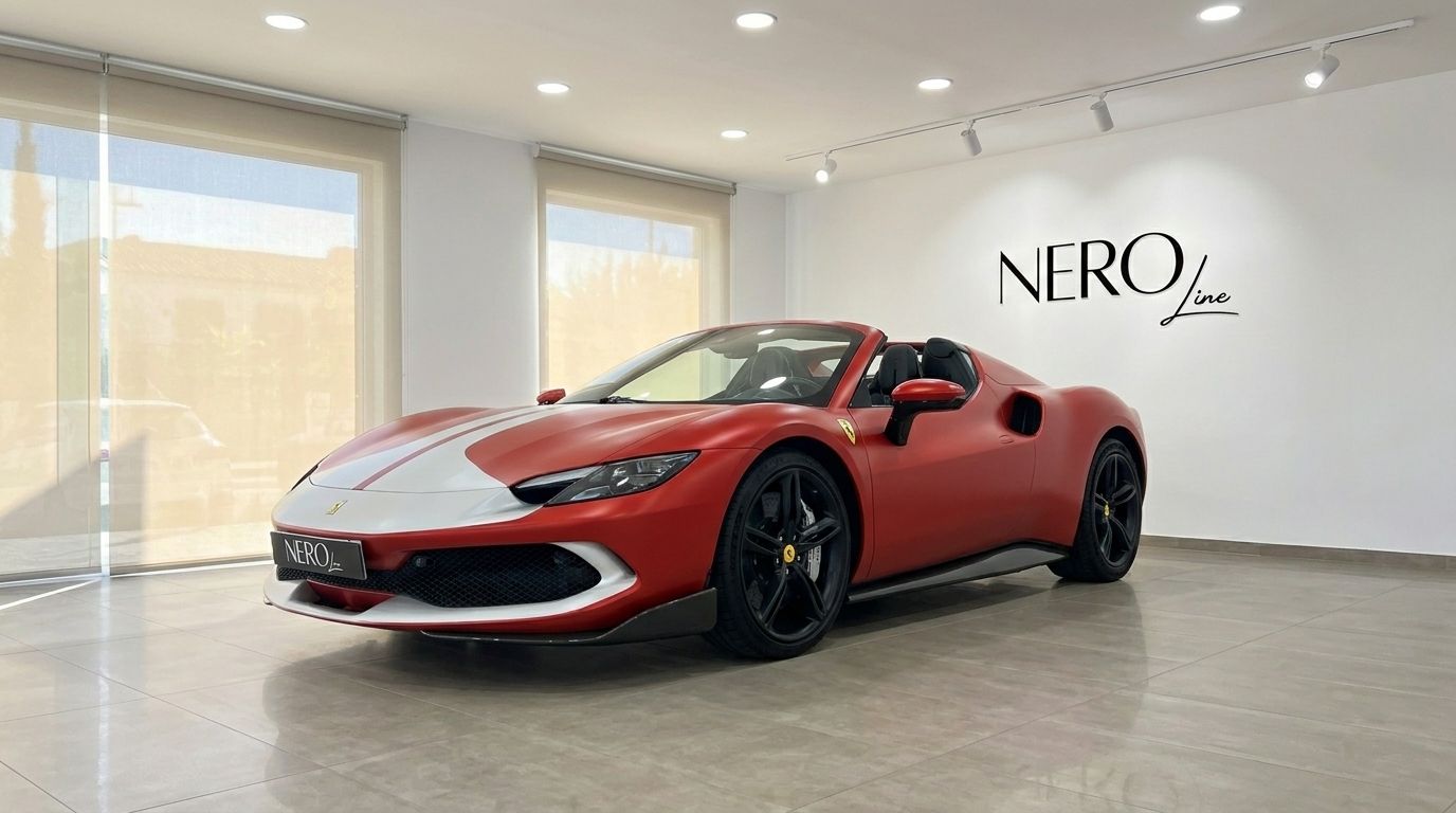 La Ferrari 296 GTS Assetto Fiorano cabriolet rosso opaco, con strisce da corsa bianche, è parcheggiata in uno showroom a Madrid.
