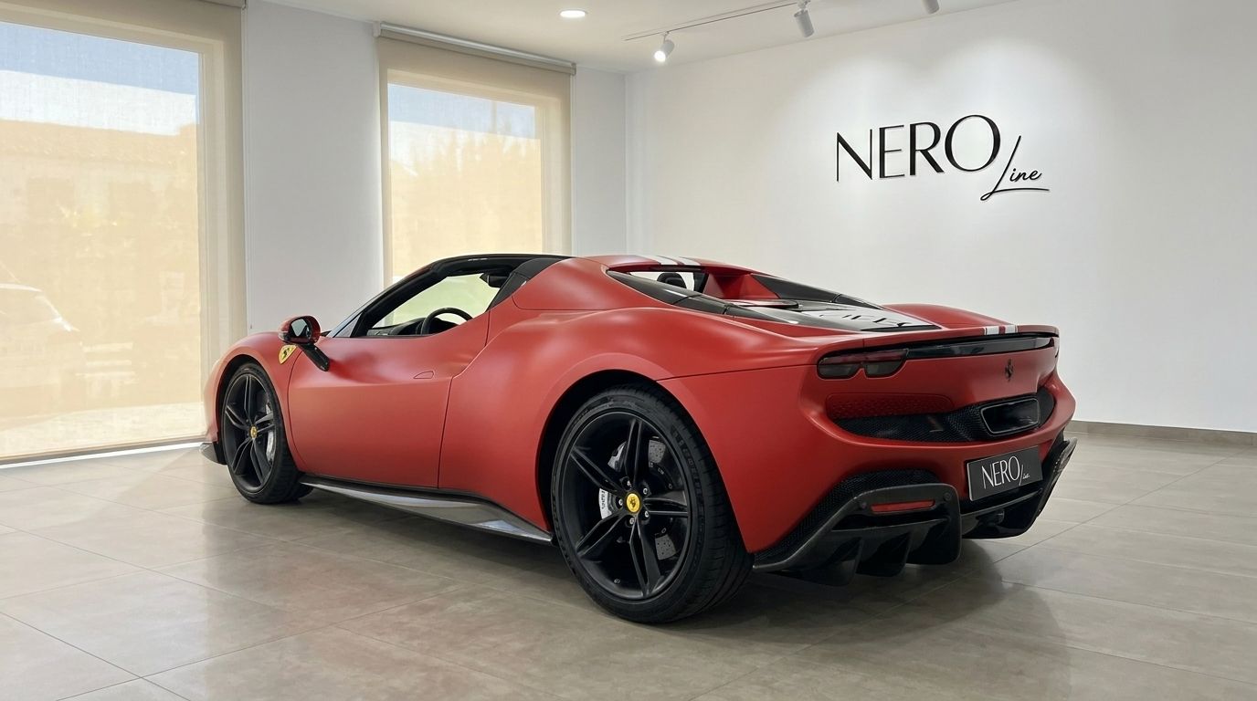 La Ferrari 296 GTS Assetto Fiorano rosso opaco è esposta da un'angolazione posteriore a tre quarti in uno showroom di lusso a Madrid.