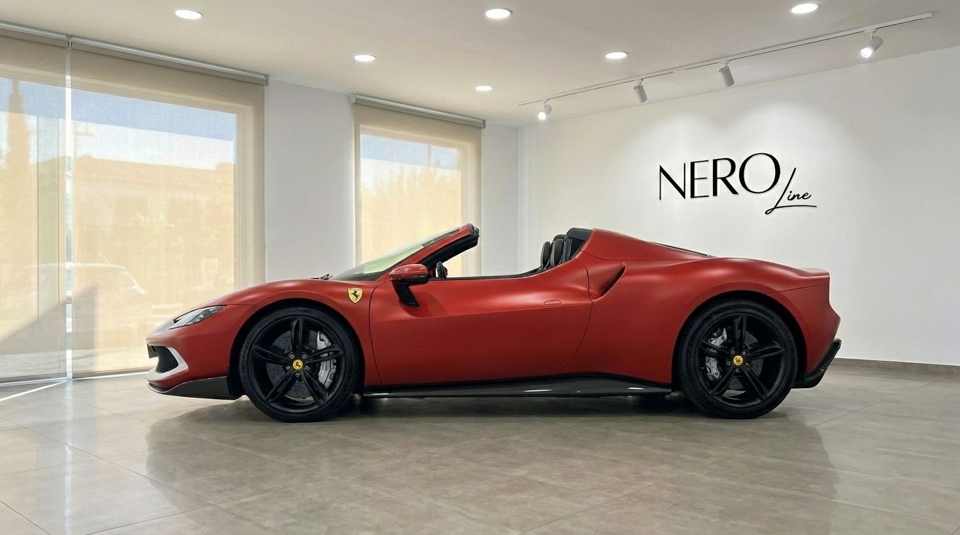 La Ferrari 296 GTS Assetto Fiorano decappottabile rosso opaco è parcheggiata in uno showroom, vista di profilo a Madrid.