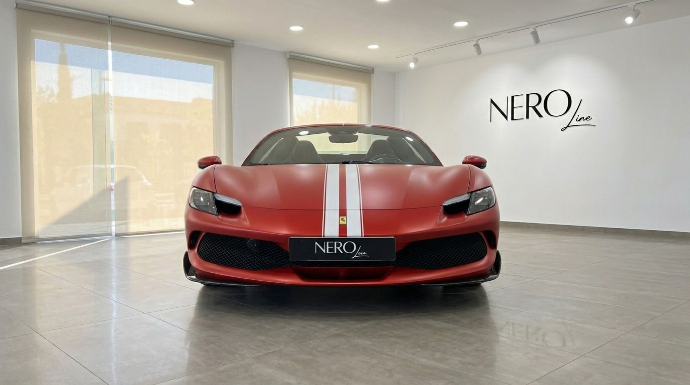 Vista frontale della Ferrari 296 GTS Assetto Fiorano rosso opaco con strisce bianche, esposta al coperto a Madrid.