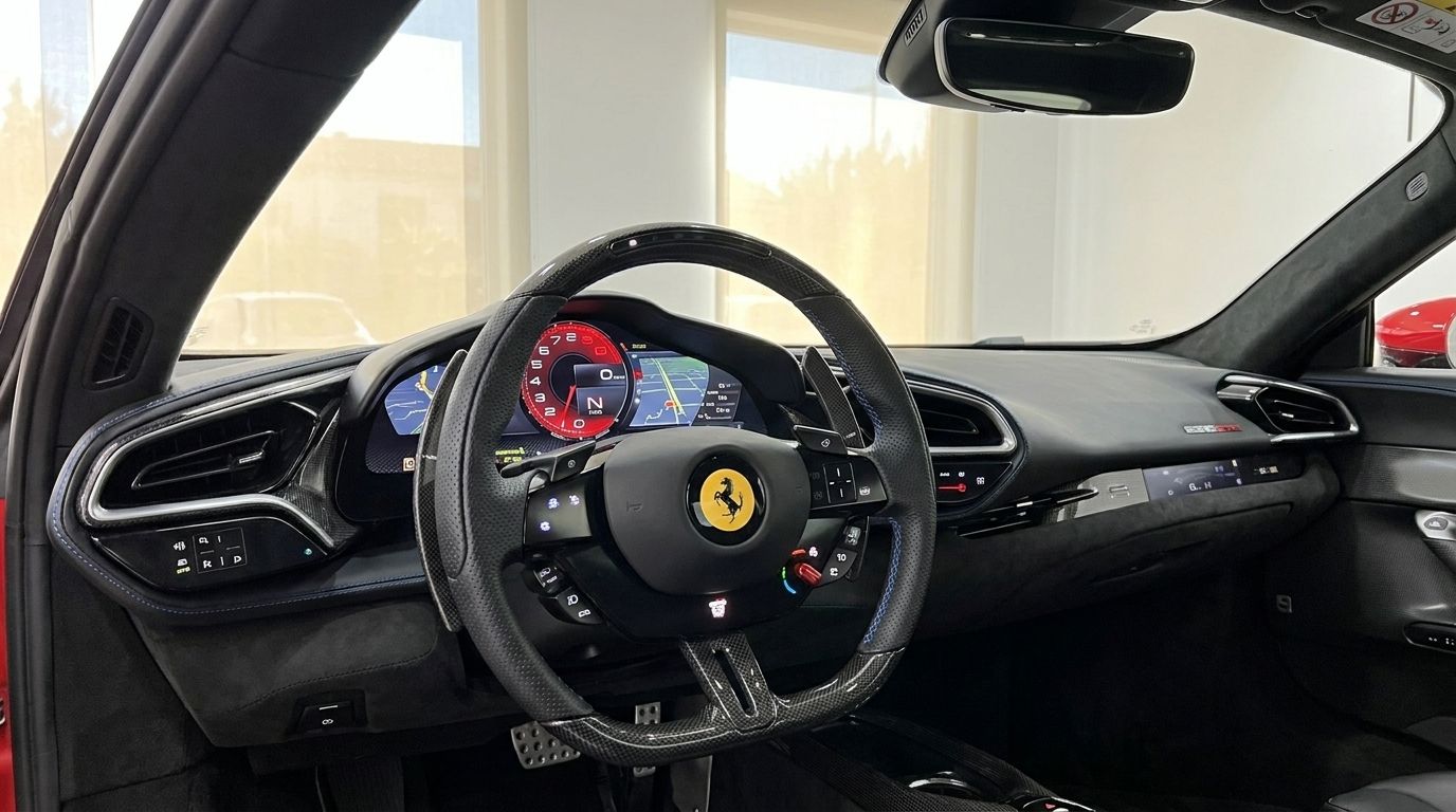 Il lussuoso abitacolo della Ferrari 296 GTS Assetto Fiorano a Madrid, che mostra il suo volante avanzato e il cruscotto digitale.