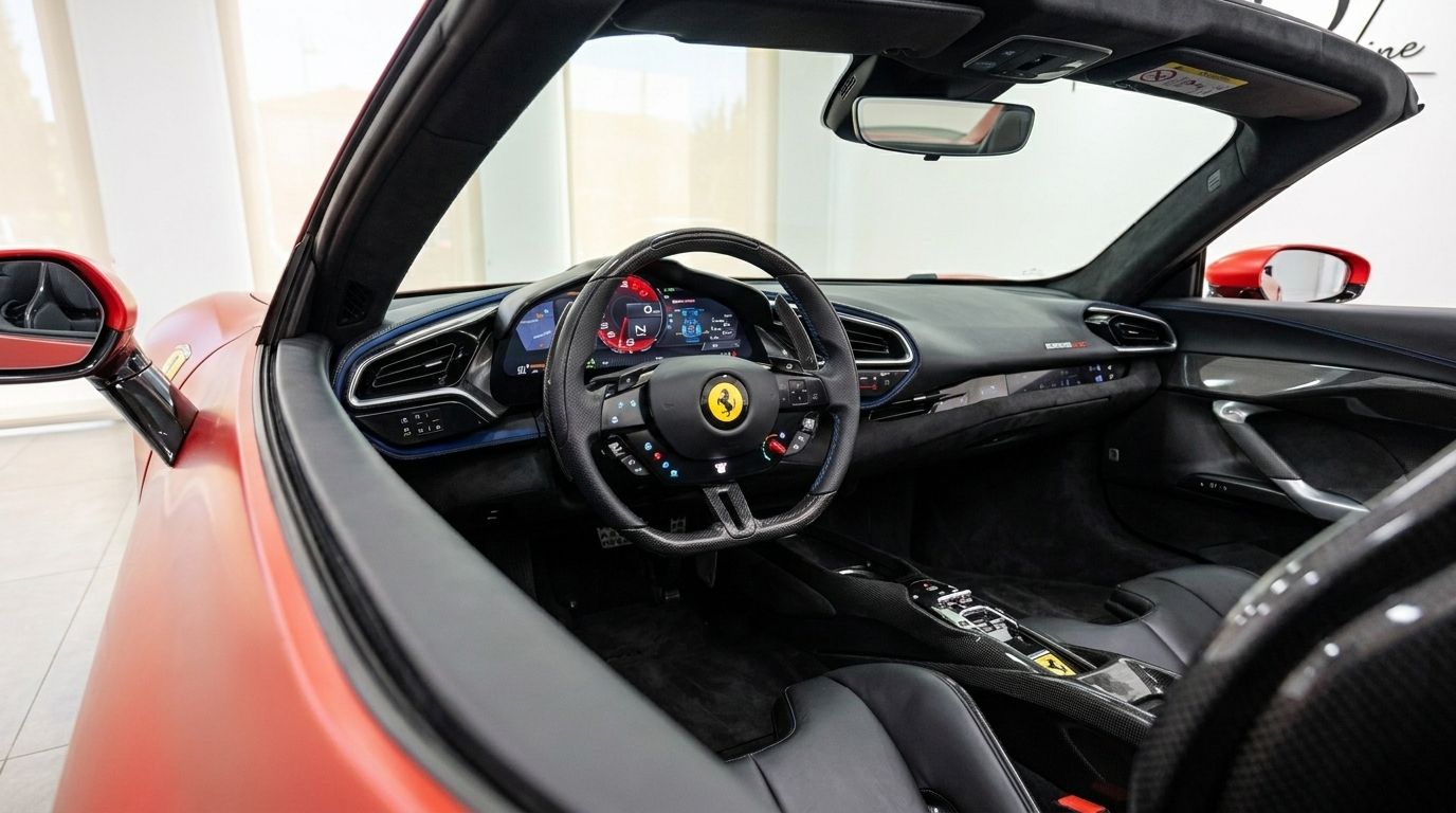 Il lussuoso abitacolo interno della Ferrari 296 GTS Assetto Fiorano, che mostra il suo cruscotto e volante avanzati a Madrid.