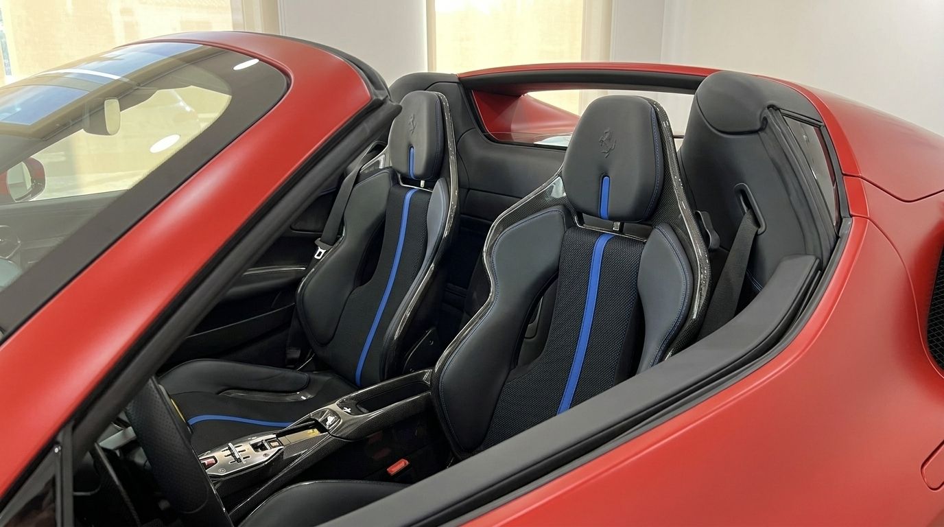 L'interno lussuoso della Ferrari 296 GTS Assetto Fiorano a Madrid, con sedili sportivi in pelle nera, dettagli blu e finiture in fibra di carbonio.
