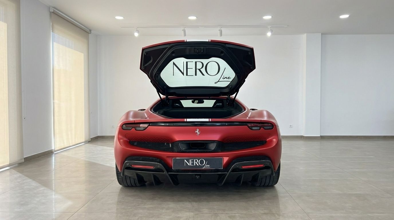 Vista posteriore della Ferrari 296 GTS Assetto Fiorano rosso opaco con il vano motore aperto, esposta in uno showroom a Madrid.