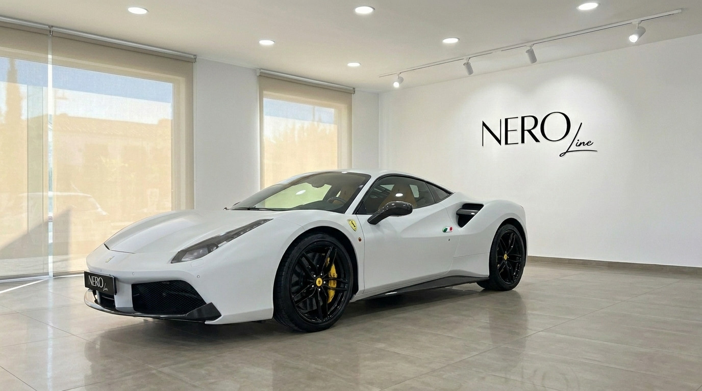 Ferrari 488 GTB — Supercoche de lujo en Madrid El supercoche Ferrari 488 GTB blanco está aparcado en un concesionario con el logo de Nero Line en la pared en Madrid.