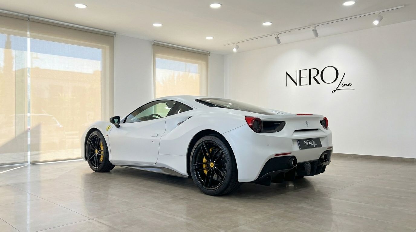 El Ferrari 488 GTB 2024 blanco mate se exhibe elegantemente desde un ángulo trasero de tres cuartos en una sala de exposición en Madrid.