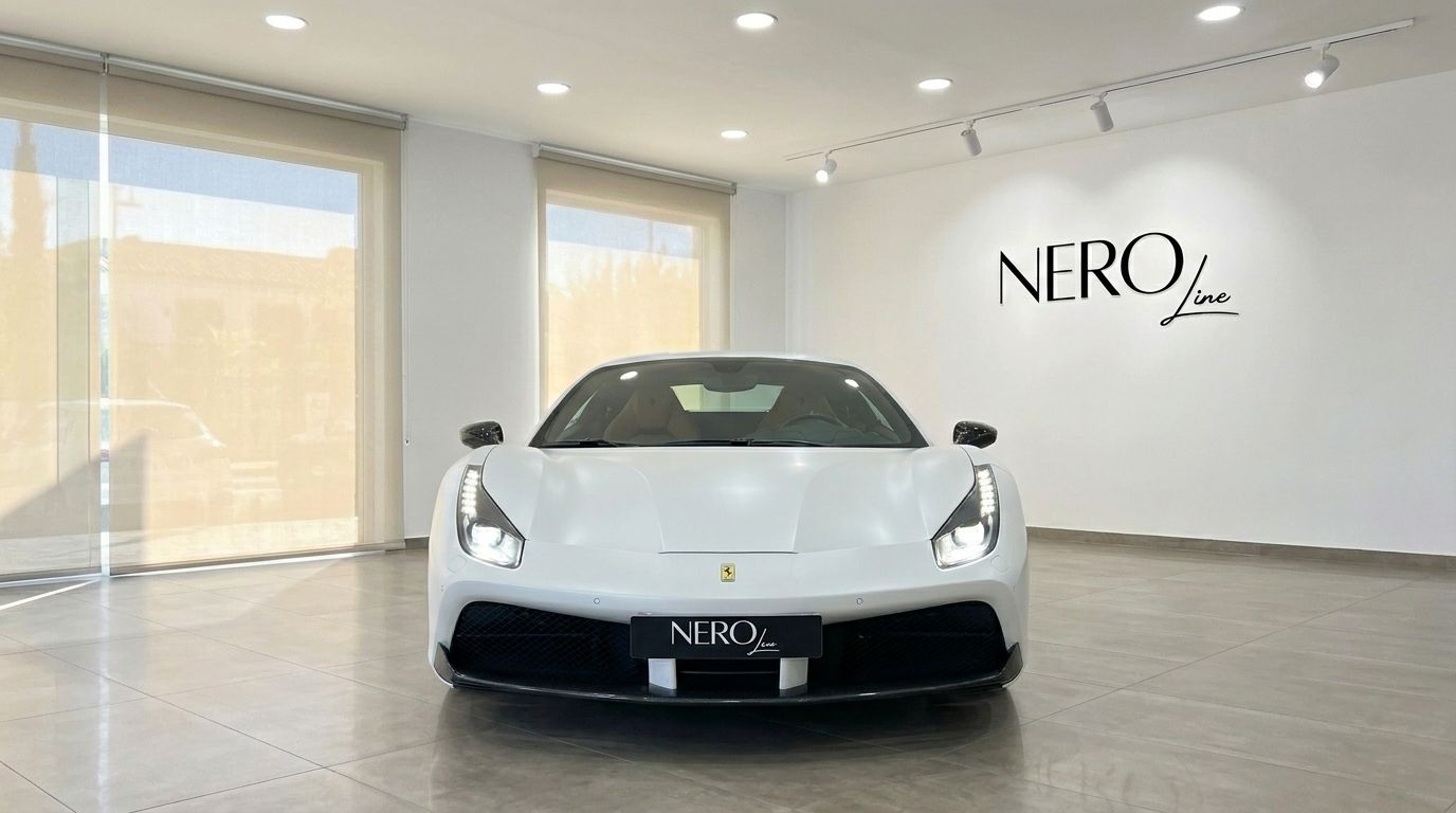 El Ferrari 488 GTB blanco mate se muestra de frente en un concesionario de Madrid, destacando su elegante diseño.