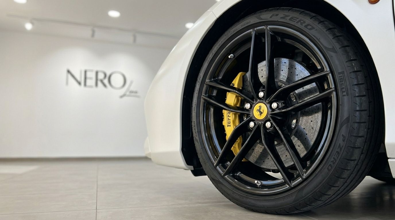 Primer plano de la rueda negra y la pinza de freno amarilla del Ferrari 488 GTB, con fondo de sala de exposición en Madrid.