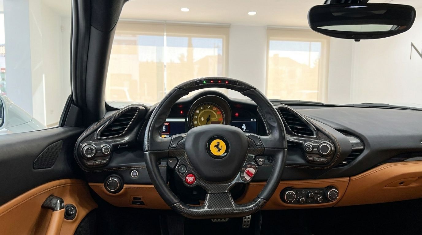 El lujoso habitáculo del Ferrari 488 GTB en Madrid, mostrando el volante, el salpicadero y el interior de cuero color camel.