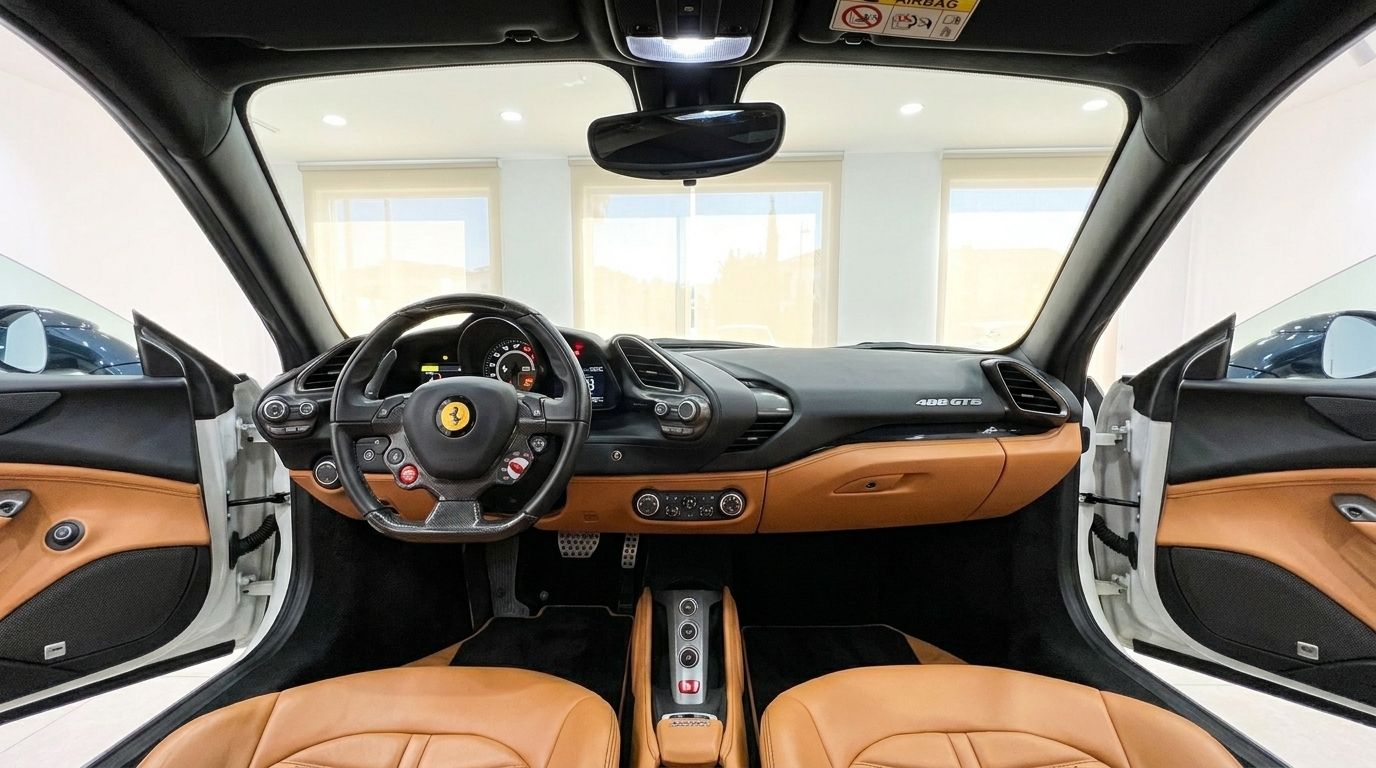 El lujoso interior del Ferrari 488 GTB en Madrid, con volante negro, salpicadero y asientos de cuero tan.