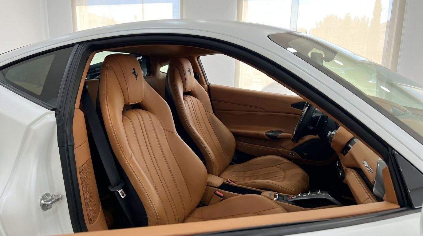 El lujoso interior de cuero color camel y los asientos delanteros del Ferrari 488 GTB, disponible para alquilar en Madrid.