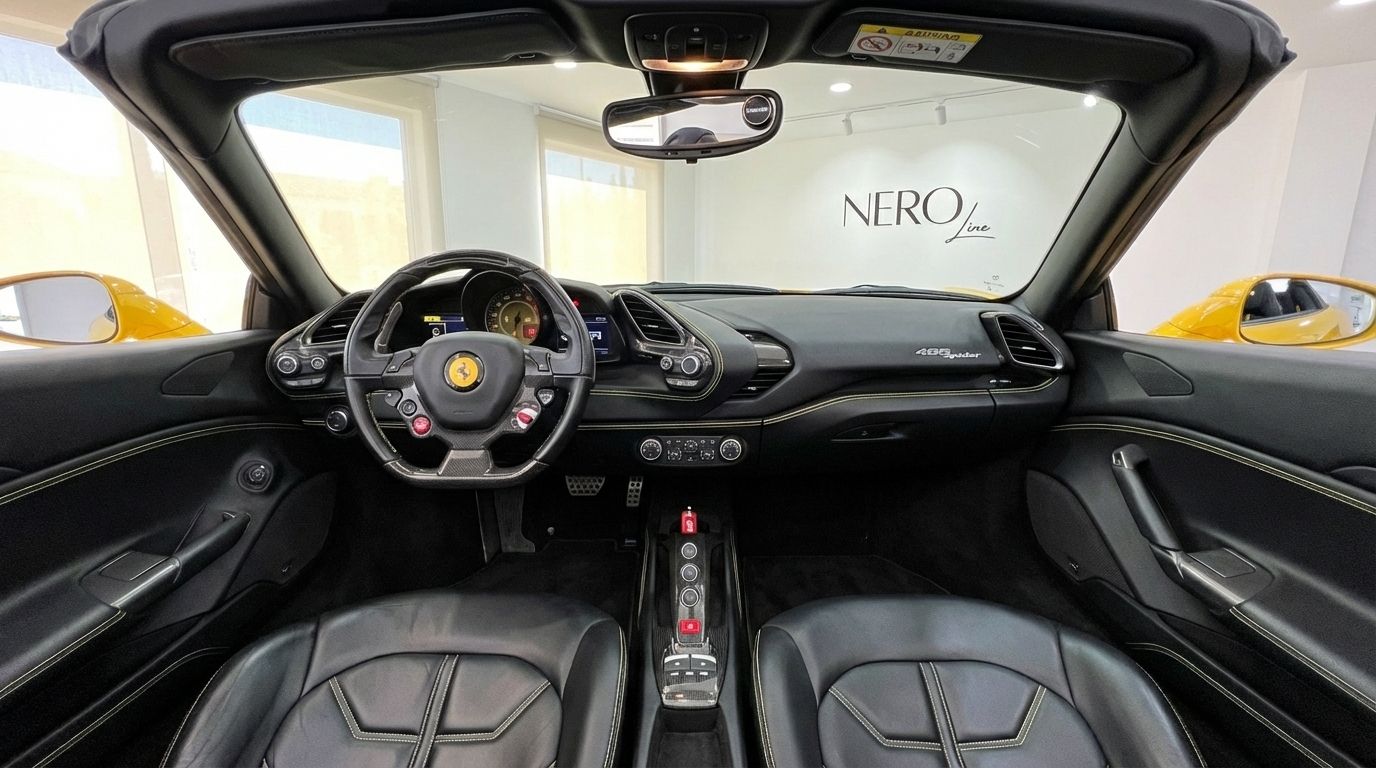 El lujoso interior del Ferrari 488 Spider en Madrid, con salpicadero, volante y asientos de cuero negro con costuras amarillas.