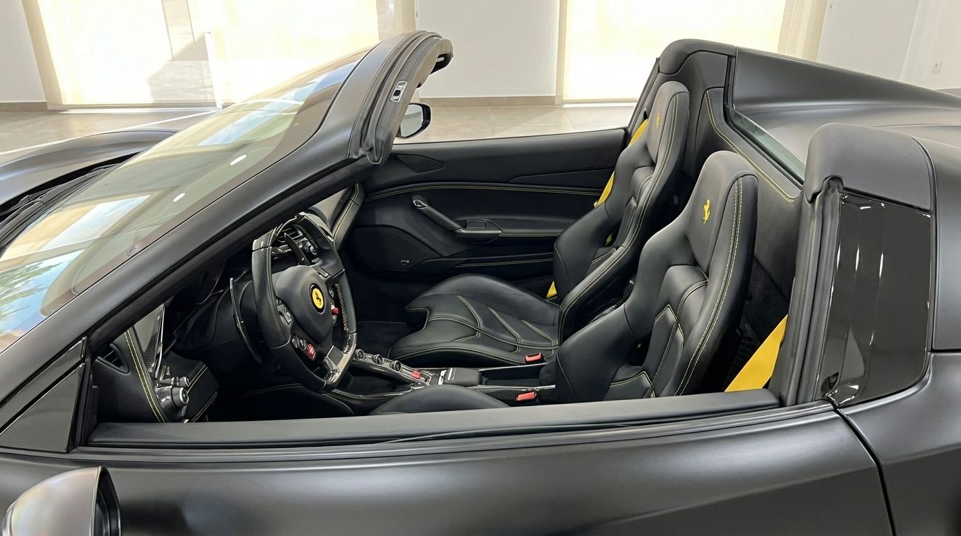 The interior of the matte black Ferrari 488 Spider in Valencia, featuring black leather seats with yellow accents and a visible steering wheel.