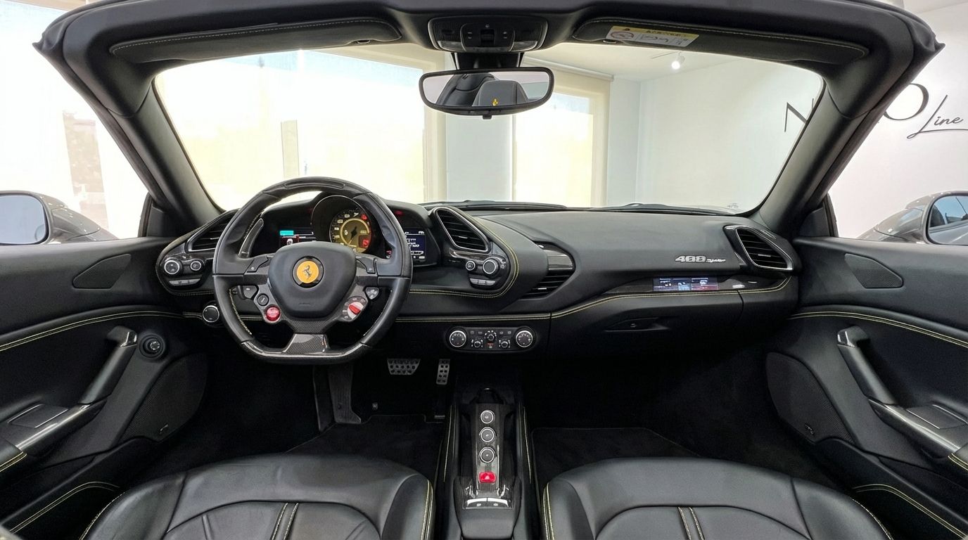 The luxurious interior of the Ferrari 488 Spider, showcasing its sophisticated dashboard, steering wheel, and black leather seats.