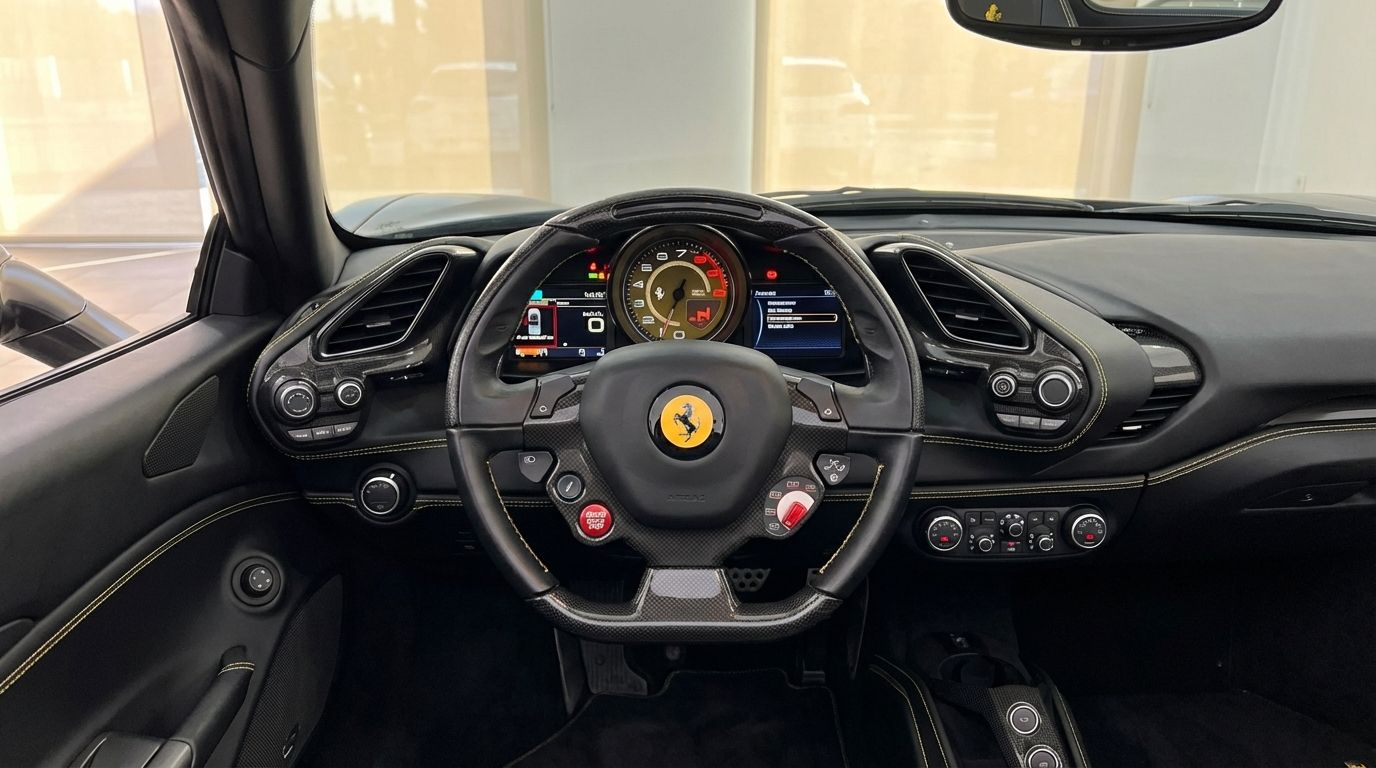 The luxurious cockpit of the Ferrari 488 Spider in Valencia, featuring the steering wheel, dashboard, and yellow stitching.