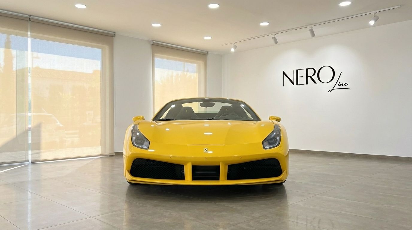 Ferrari 488 Spider amarillo descapotable, vista frontal, aparcado en un moderno concesionario en Madrid.