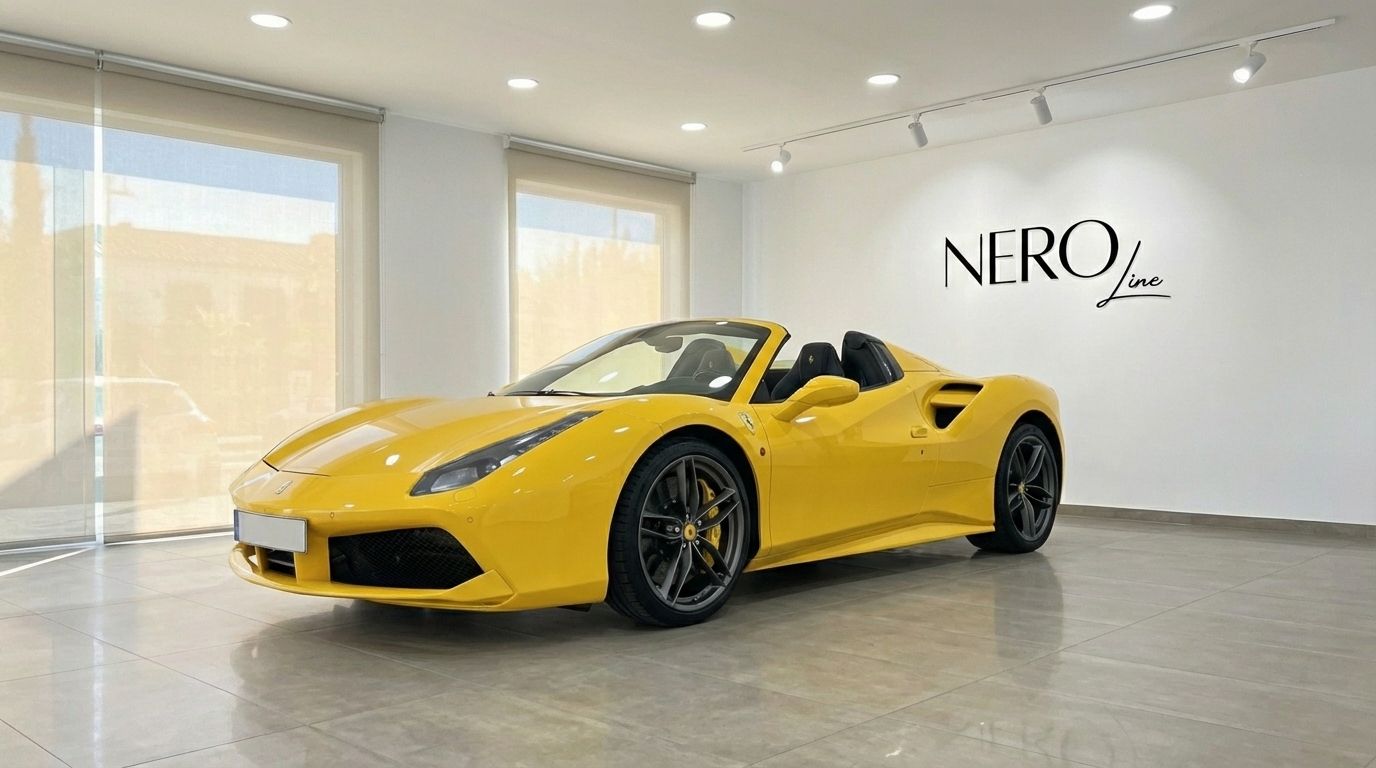 Un Ferrari 488 Spider descapotable amarillo de 2020 está aparcado en el interior, mostrando su elegante vista frontal tres cuartos en Madrid.