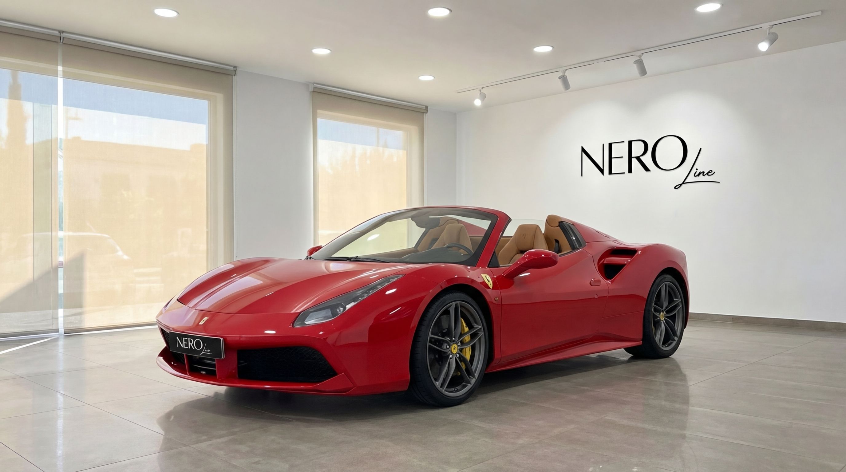 The red Ferrari 488 Spider convertible is showcased in a modern showroom in Mallorca, featuring its open top and luxurious tan interior.