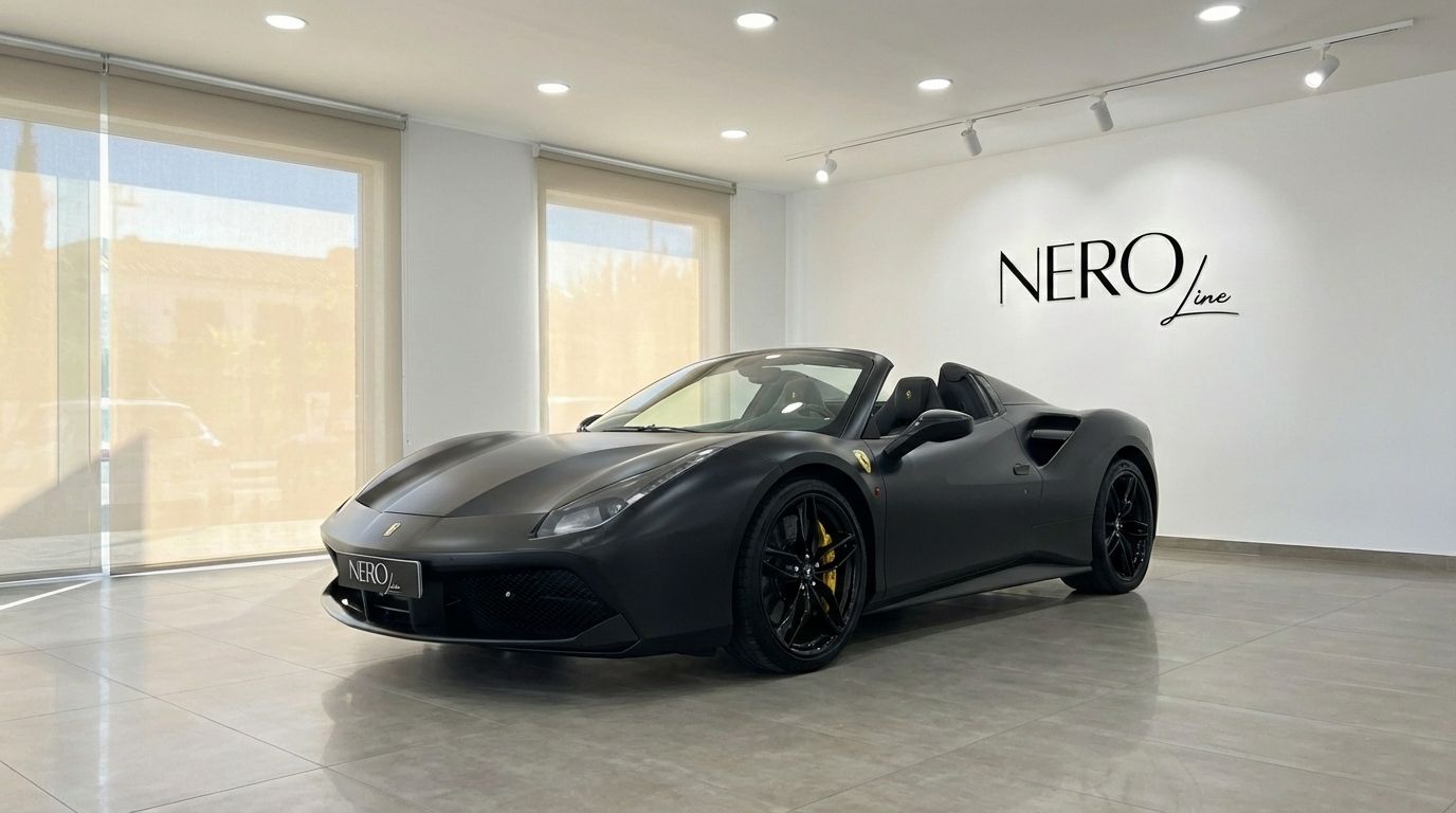 The matte black Ferrari 488 Spider convertible is parked in a showroom in Valencia, showcasing its sleek design.