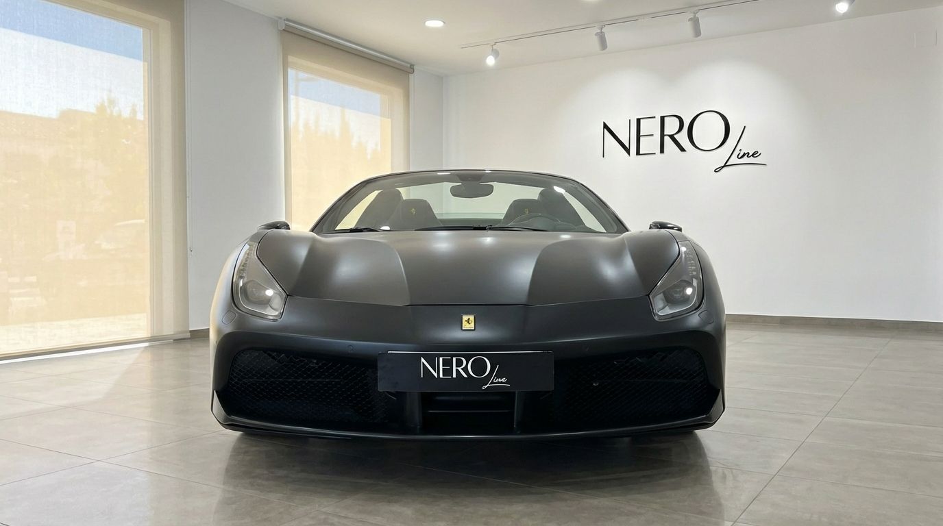 The matte black Ferrari 488 Spider is showcased in a front view, parked indoors in Valencia.