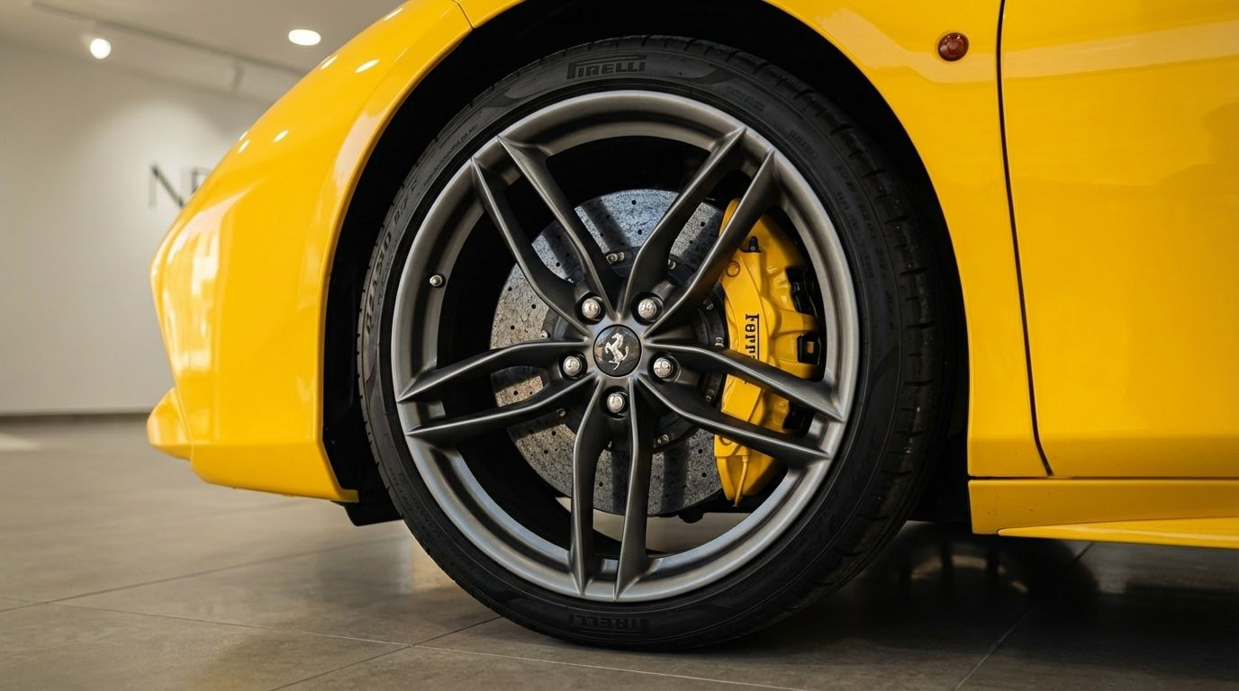 La rueda delantera del Ferrari 488 Spider amarillo, mostrando su llanta gris de radios múltiples y la pinza de freno amarilla en Madrid.