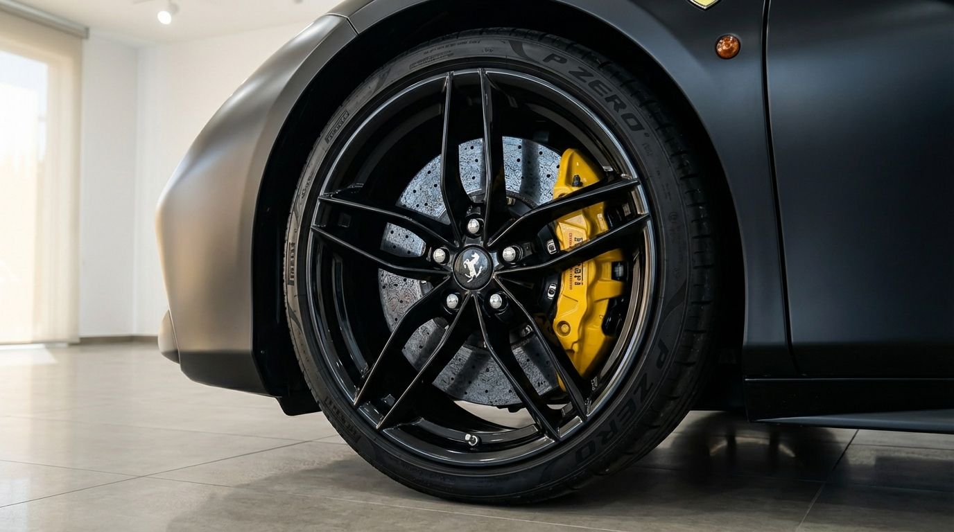 Close-up of the front wheel of a matte black Ferrari 488 Spider, featuring black multi-spoke rims and vibrant yellow brake calipers in Valencia.