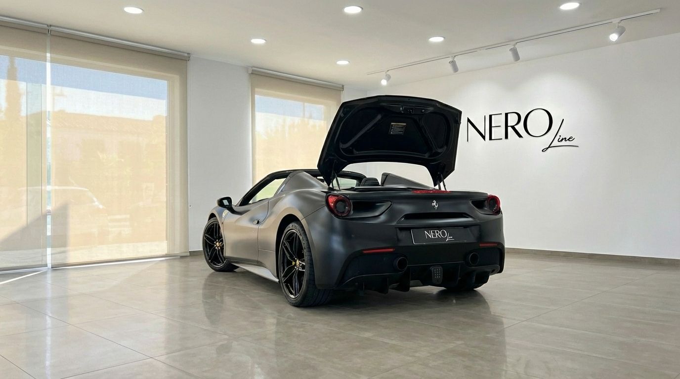 A matte black Ferrari 488 Spider is shown from the rear with its engine cover open, parked in a modern showroom in Valencia.