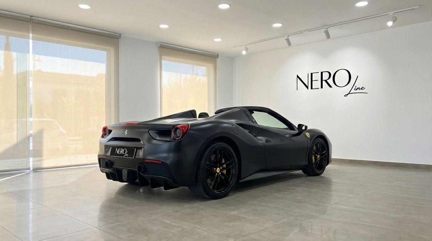 A matte black Ferrari 488 Spider is parked indoors, viewed from a rear three-quarter angle, showcasing its sleek design in Valencia.