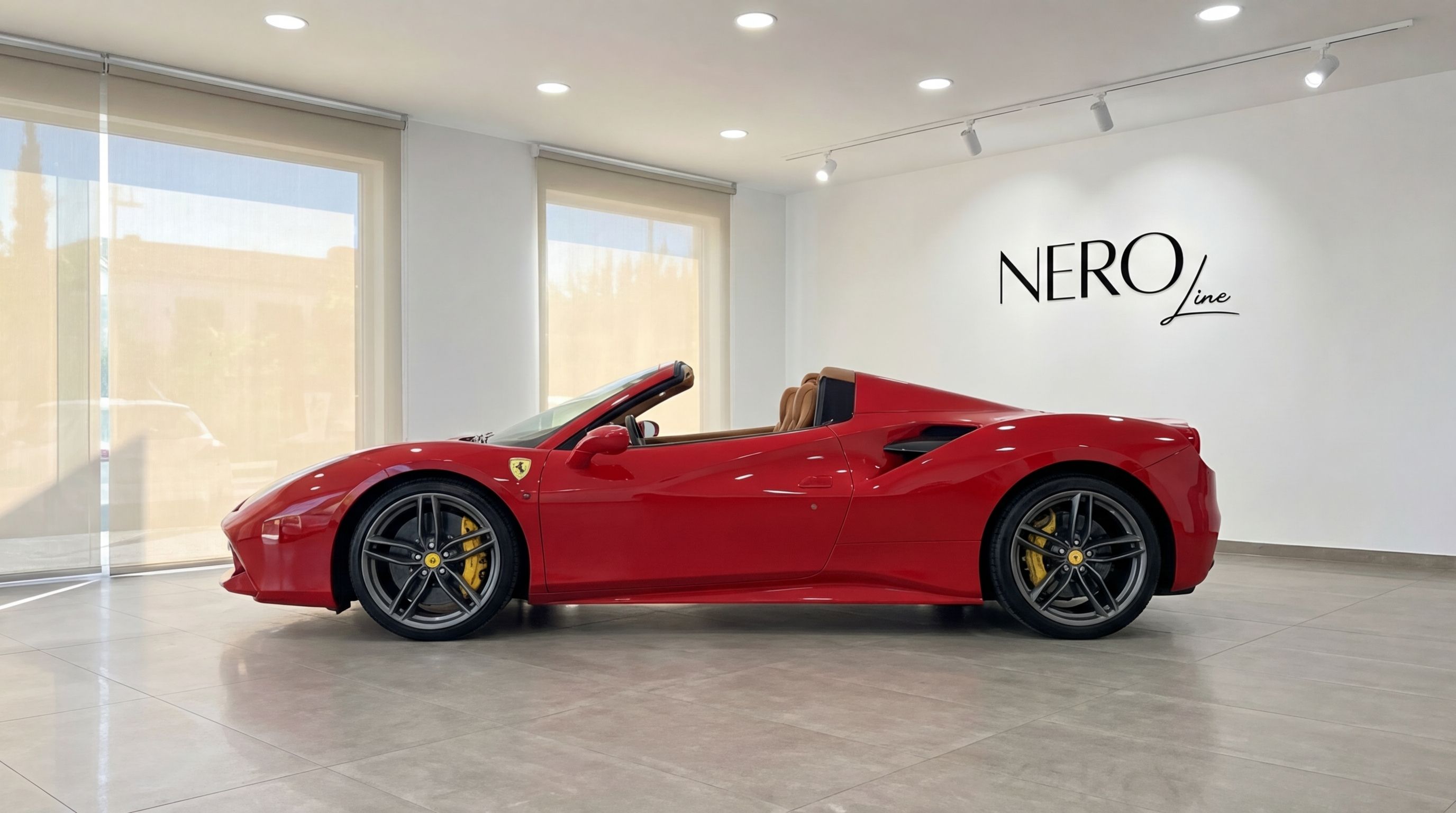 The red Ferrari 488 Spider convertible is parked indoors, showcasing its sleek side profile and luxurious tan interior in Mallorca.